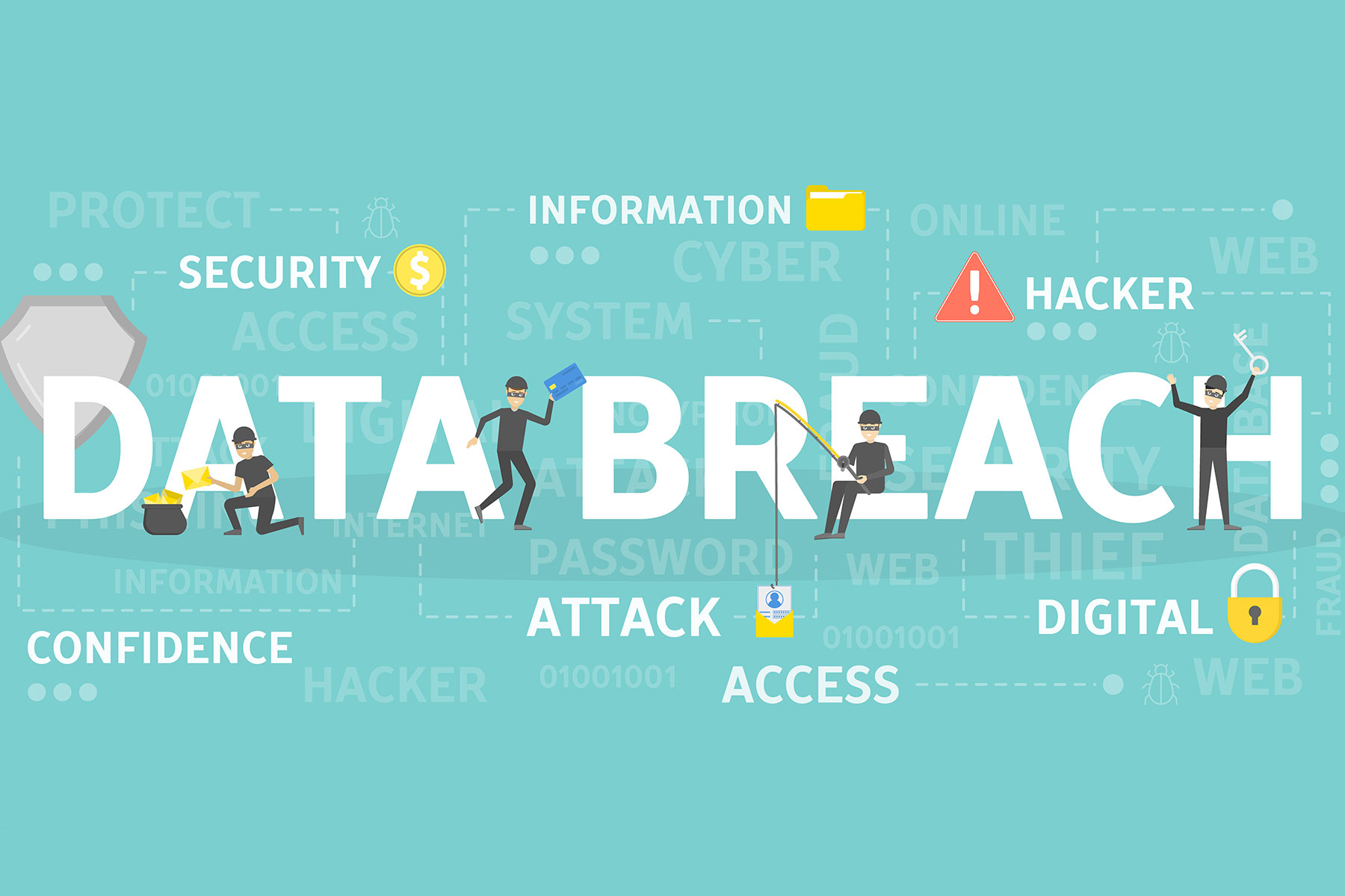 Vector image of the words Data Breach with illustrations of figures fishing and trying to access personal data on blue background
