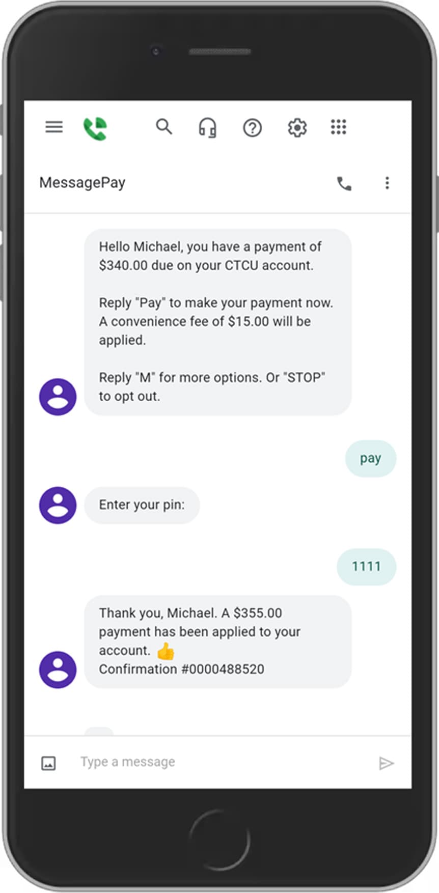 Making a Loan Payment is now easier than ever with CTCU, Payment VIA text example